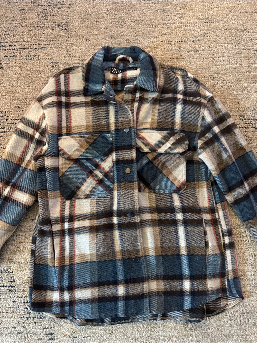 Zara Women’s Plaid Oversized Shacket in Blue, Brown & Cream size S